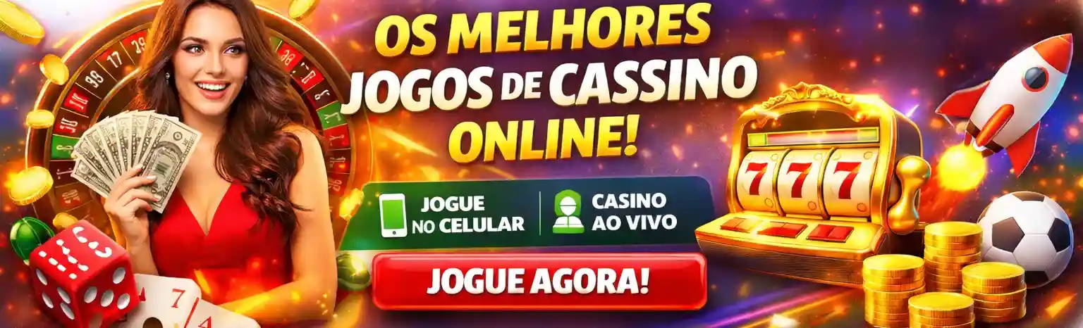 Banner com jogos de cassino online, slot 777 e moedas douradas